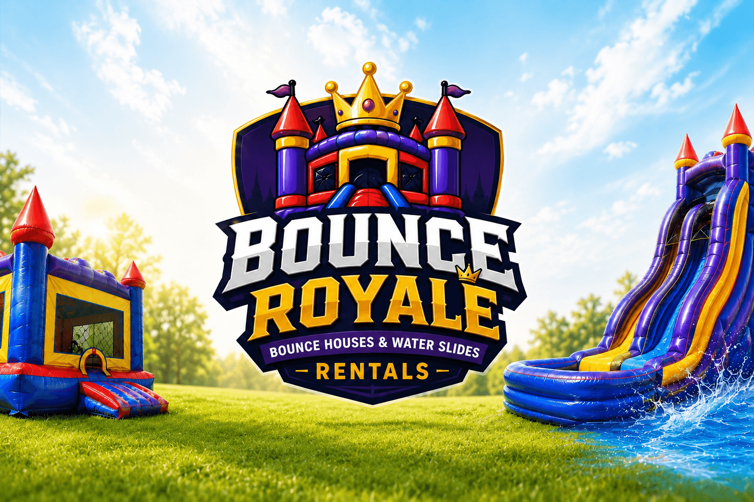 Colorful inflatables on a green field